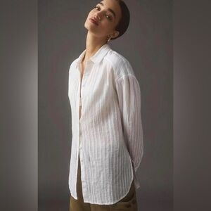 Anthropologie Textured Cotton Button-Down Shirt | White | Size L